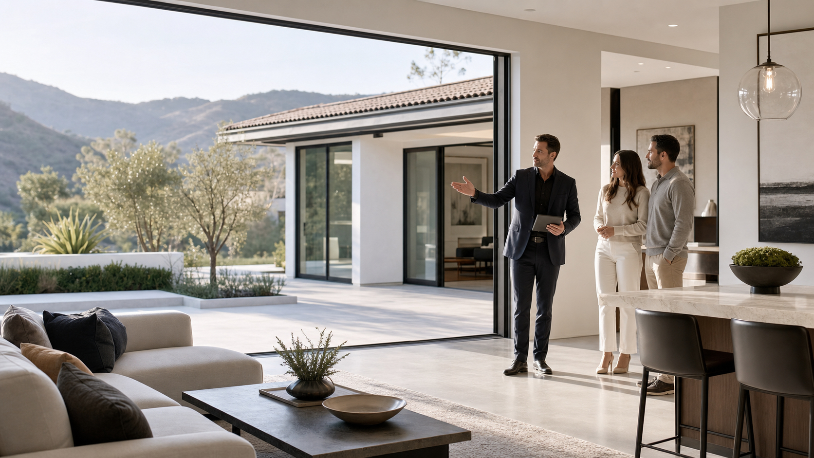 Real estate advisor walking clients through a bright Southern California home